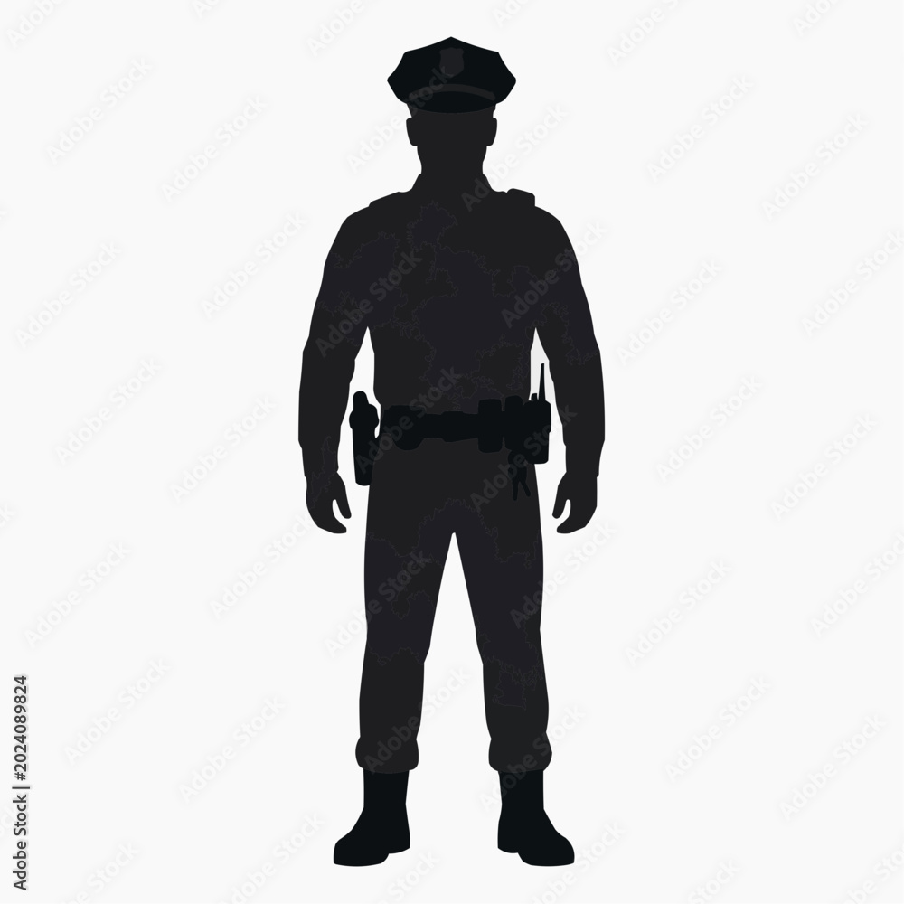 Obraz premium Silhouette of a police officer in uniform with a tactical belt and equipment