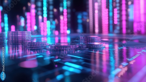 Stacks of digital coins glowing with futuristic neon lights in a data-driven financial environment