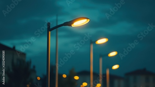 Streetlights glow with warm orange illumination against the twilight sky, showcasing urban energy waste in daylight