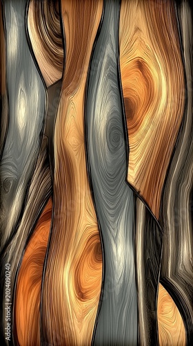Modern stylized wood mosaic texture with contrasting grain patterns and vibrant organic shapes for contemporary interior design and furniture surfaces.