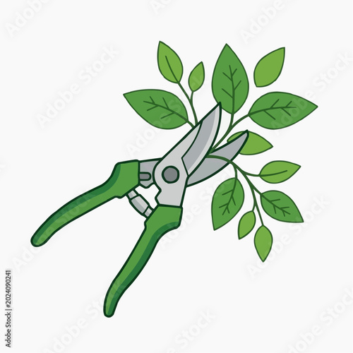 Gardening shears cutting green plant branches with leaves isolated on white background
