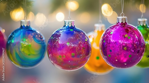 Vibrant, Colorful Christmas Ornaments Hanging with Festive Sparkle