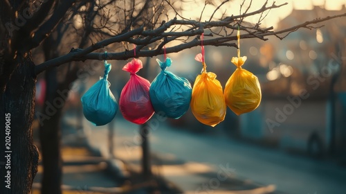 Vibrant plastic bags tangled in tree branches near a suburban street, showcasing colorful waste in soft light.