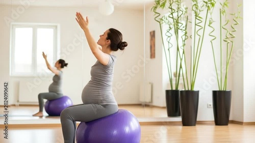 Pregnant woman doing prenatal yoga exercise on stability ball in fitness studio