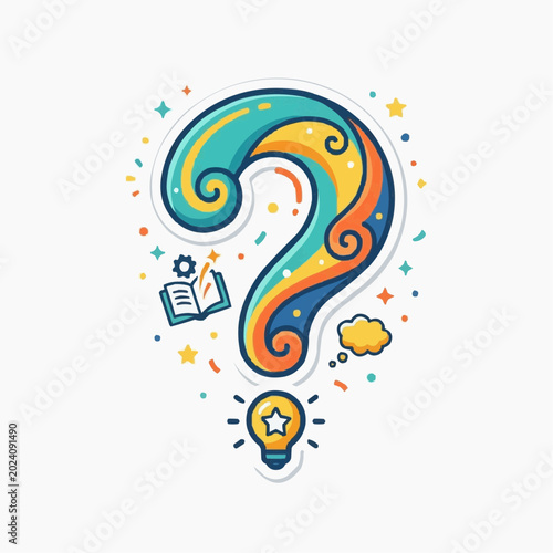 Colorful question mark with lightbulb and book symbolizing ideas and knowledge