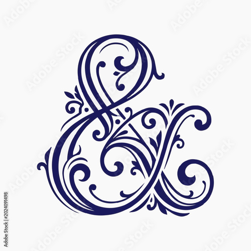 Elegant navy blue ampersand symbol with ornate swirls and flourishes on white background