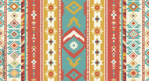 Bild auf Leinwand Vibrant Ethnic Pattern with Geometric Motifs and Rich Colors.