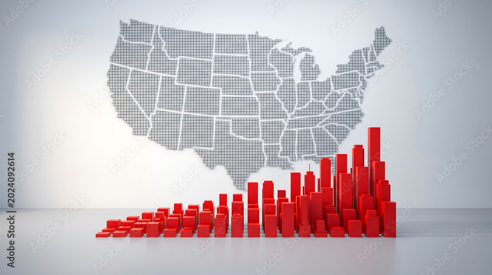 Fototapeta premium USA map, rising red bar chart, growth graph, American statistics