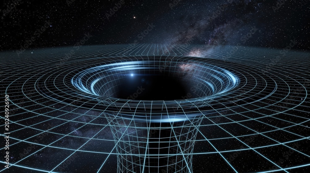Obraz premium A digital visualization of a black hole warping space-time, set against a starry galaxy background.