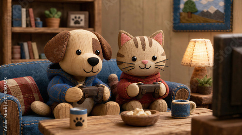 adorable handcrafted figures of cat and dog gamers playing in living room