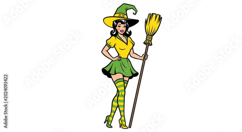 Quadro su tela Retro Witch with Broomstick, Halloween Costume, Pin-up Style Illustration