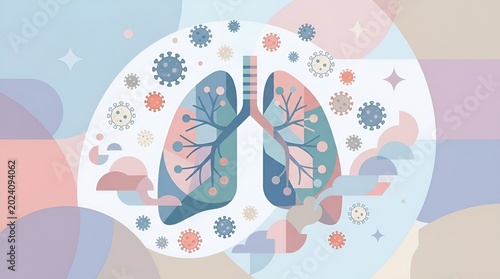 Abstract illustration depicting human lungs with virus particles and environmental elements emphasizing respiratory health and