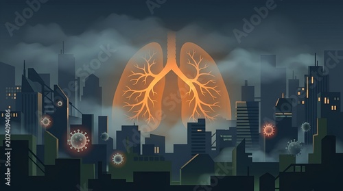 Urban Pollution Impact on Respiratory Health with Cityscape and Lung Illustration