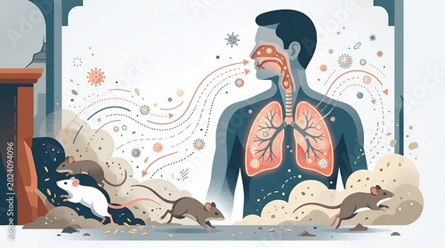 illustration of human respiratory system and airborne virus transmission process with mice and bacteria visual representation
