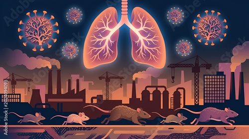 illustration depicting the impact of air pollution on respiratory health with a focus on lung anatomy and surrounding industrial