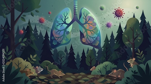 illustration of lungs and forest representing nature's resilience against airborne viruses and ecological balance with forest