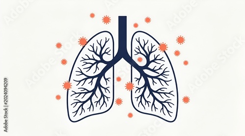 Illustration of Human Lungs Surrounded by Virus Particles Highlighting Respiratory Infection