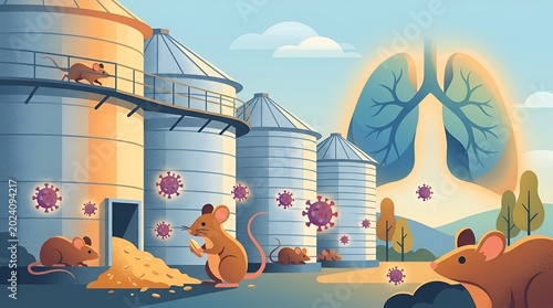 Illustration of mice and virus particles around industrial silos with lungs in the background emphasizing air pollution and