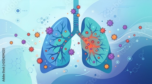 illustration of human lungs affected by airborne viruses and bacteria in a medical or health context with detailed depiction of