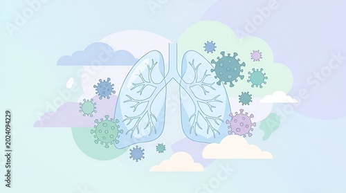 Illustration of Lungs with Floating Virus Particles Emphasizing Respiratory Health and Disease Control