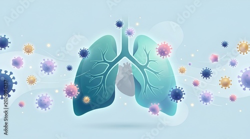 Detailed Illustration of Human Lungs Responding to Multiple Airborne Viruses and Bacteria in a Medical Context