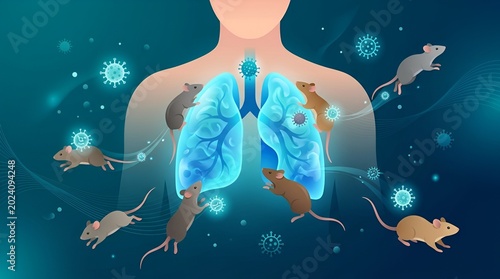 Illustration of human lungs combating virus particles with surrounding mice in a digital health-themed scene