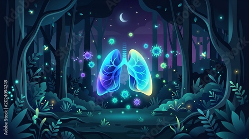 Fantasy glowing neon lungs floating in mystical moonlit forest scene with vibrant bioluminescent flora
