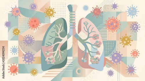 illustration of human lungs surrounded by colorful abstract virus particles representing respiratory health and airborne disease