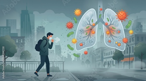 Air pollution impact on human health with smog and respiratory issues in urban environment