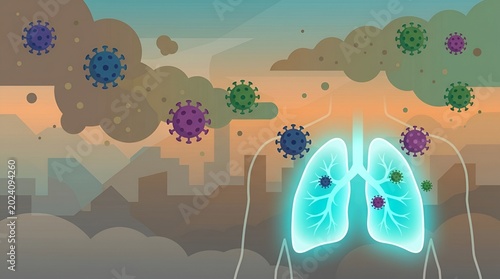 Digital Illustration of Lung Infection and Pollution Impact on Respiratory Health in Urban Environment