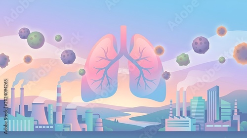 Environmental pollution impact on air quality with industrial emissions and airborne particles illustration