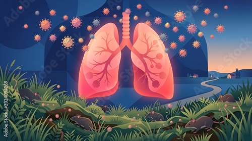 Illustration of Healthy Lung Anatomy Surrounded by Environmental Elements and Airborne Particles Emphasizing Respiratory Wellness