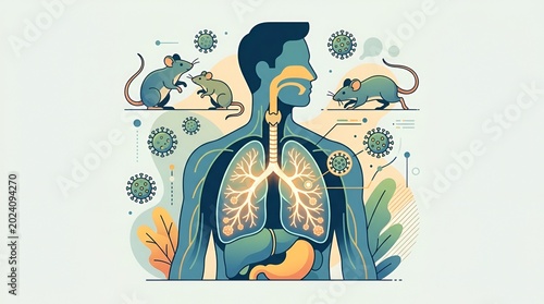 illustration depicting human respiratory system with surrounding elements of mice and virus particles highlighting immune