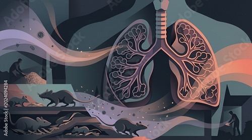 artistic interpretation of lungs and respiratory system with nature elements and rats in a stylized digital illustration