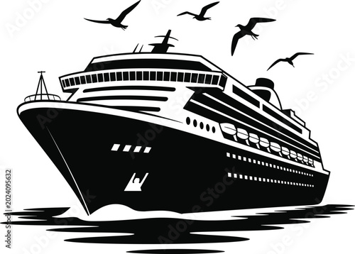 Tableau sur toile Black silhouette of a large cruise ship sailing on water with seagulls flying ab