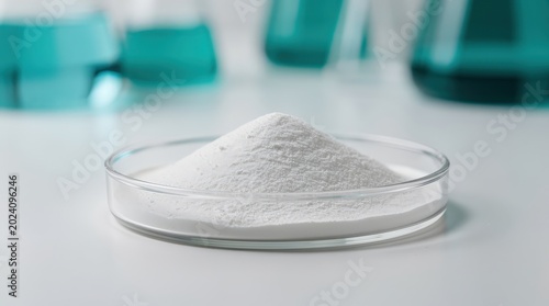 A fine white powder is displayed in a clear glass petri dish on a white surface with blurred teal lab equipment in the background.