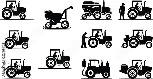 Tableau sur toile Black Silhouette Set of Farm Tractors with Drivers Combine Harvester and Agricul