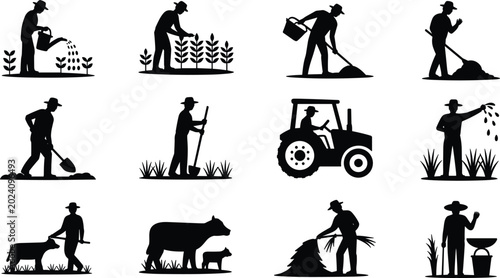 Foto Black Silhouette Set of Farmers Watering Plants Sowing Seeds Driving Tractor and