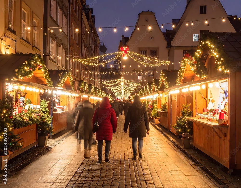 Naklejka premium Festive street scene with Christmas market stalls at dusk