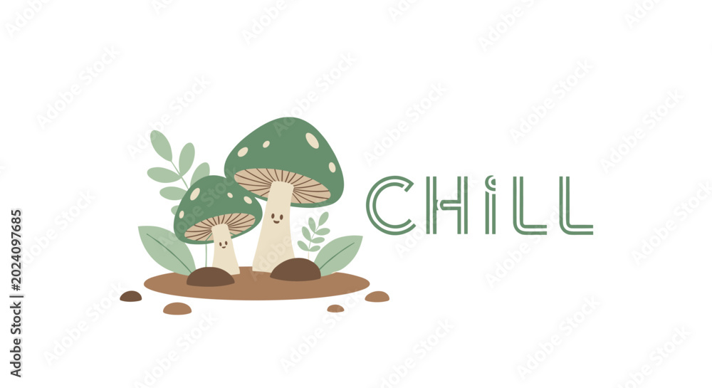 Obraz premium Two adorable green mushroom characters with cute faces sitting on a mound of soil next to the stylishly written word chill.