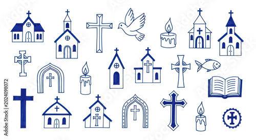 Foto Hand-drawn Christian Symbols and Churches Collection.