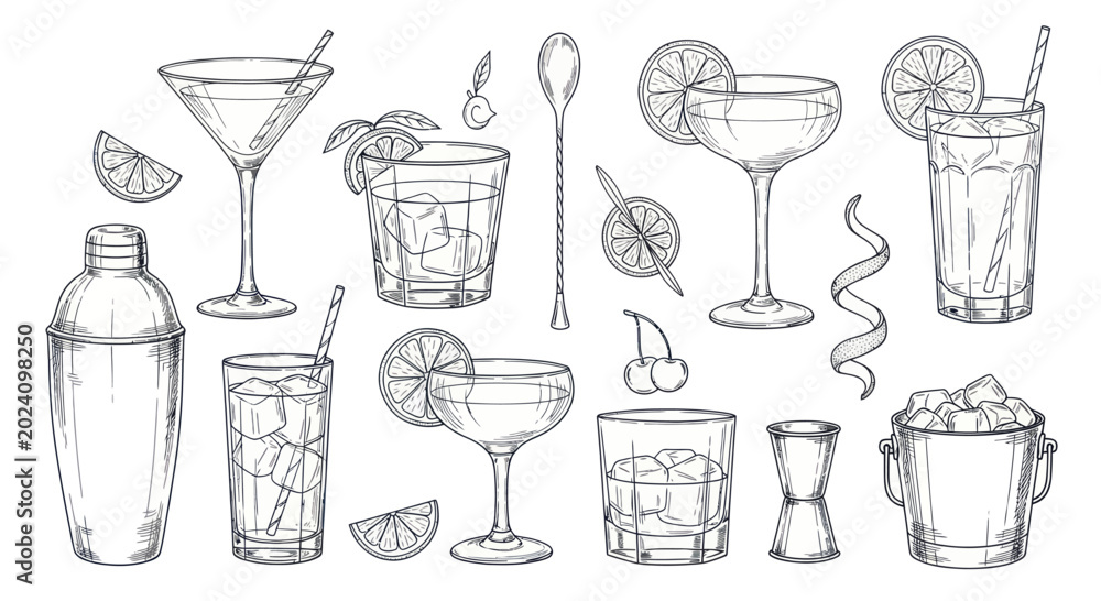 Fototapeta premium Hand-drawn sketch set of various cocktails and bar accessories.