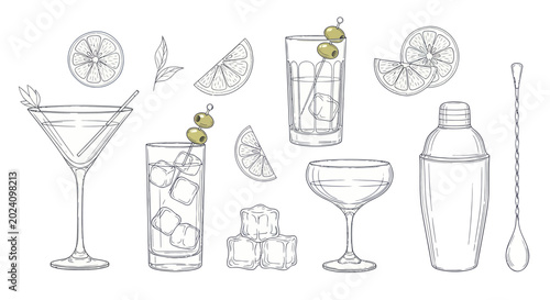 Hand-drawn sketch set of various cocktail glasses, shakers, and garnishes.