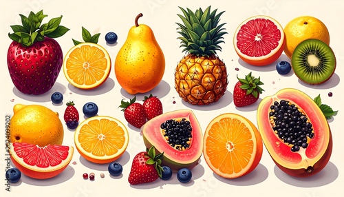 A vibrant arrangement of various colorful fruits on a plain background