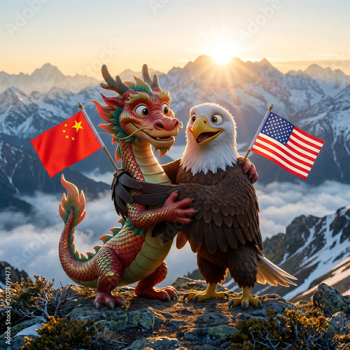 A red dragon and a bald eagle embracing symbolize unity and cooperation beyond global trade tensions.