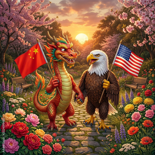 A red dragon and a bald eagle proudly holding their national flags, sharing smiles in a beautiful flower garden a symbol of peace, friendship, and global harmony.