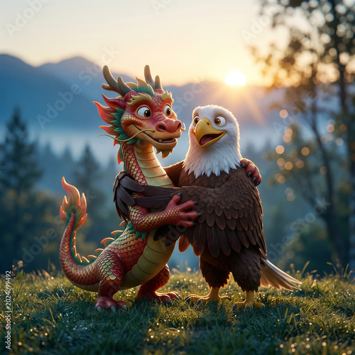 A red dragon and a bald eagle embracing symbolize unity and cooperation beyond global trade tensions.