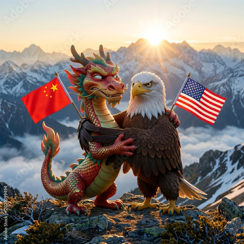 A tense embrace between a red dragon and a bald eagle symbolizes fragile cooperation amid global trade and economic rivalry.