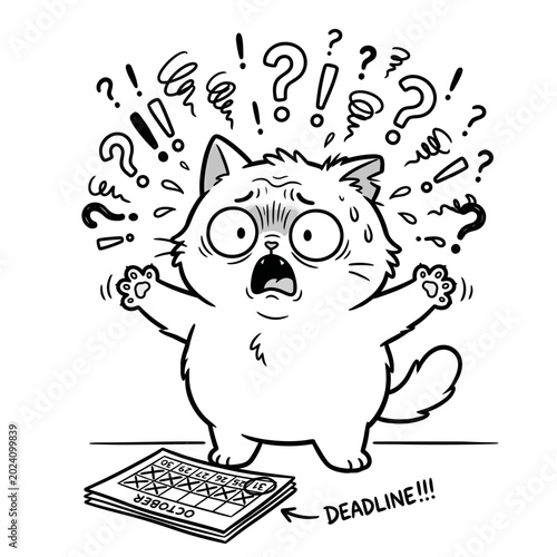 Stressed Cat Illustration With October Calendar And Deadline
