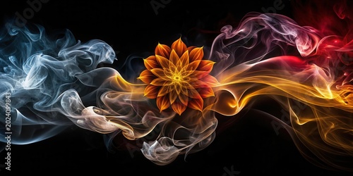 Abstract Fiery Flower Emerging from Colorful Smoke Swirls on a Dark Background